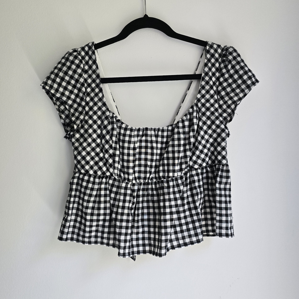 Kirious Black and White Gingham Babydoll Crop Top With Bow Back